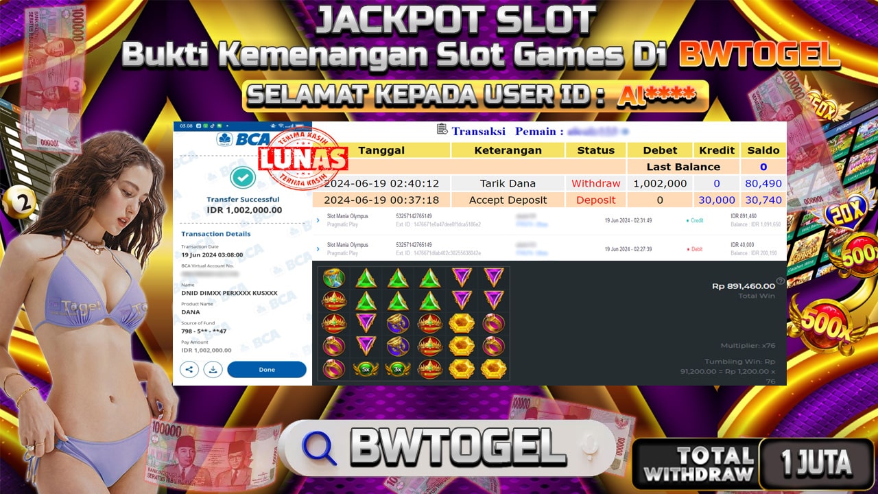 BUKTI JACKPOT SLOT MANIA OLYMPUS  TERPERCAYA DI INDONESIA TGL 19-06-2024