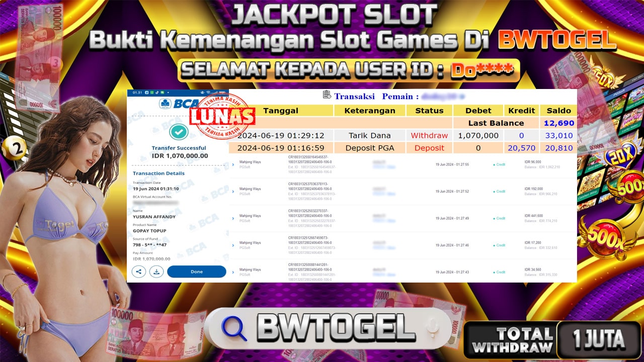 BUKTI JACKPOT SLOT MAHJONG WAYS TERPERCAYA DI INDONESIA TGL 19-06-2024