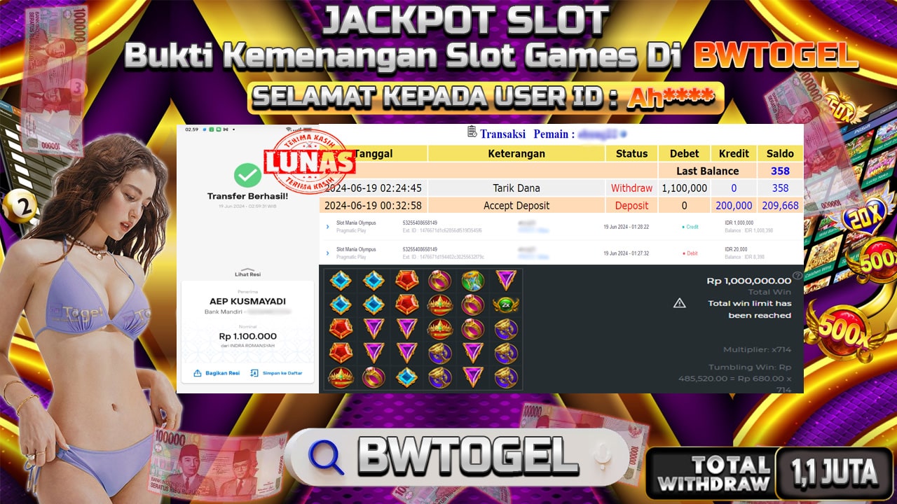 BUKTI JACKPOT SLOT MANIA OLYMPUS TERPERCAYA DI INDONESIA TGL 19-06-2024