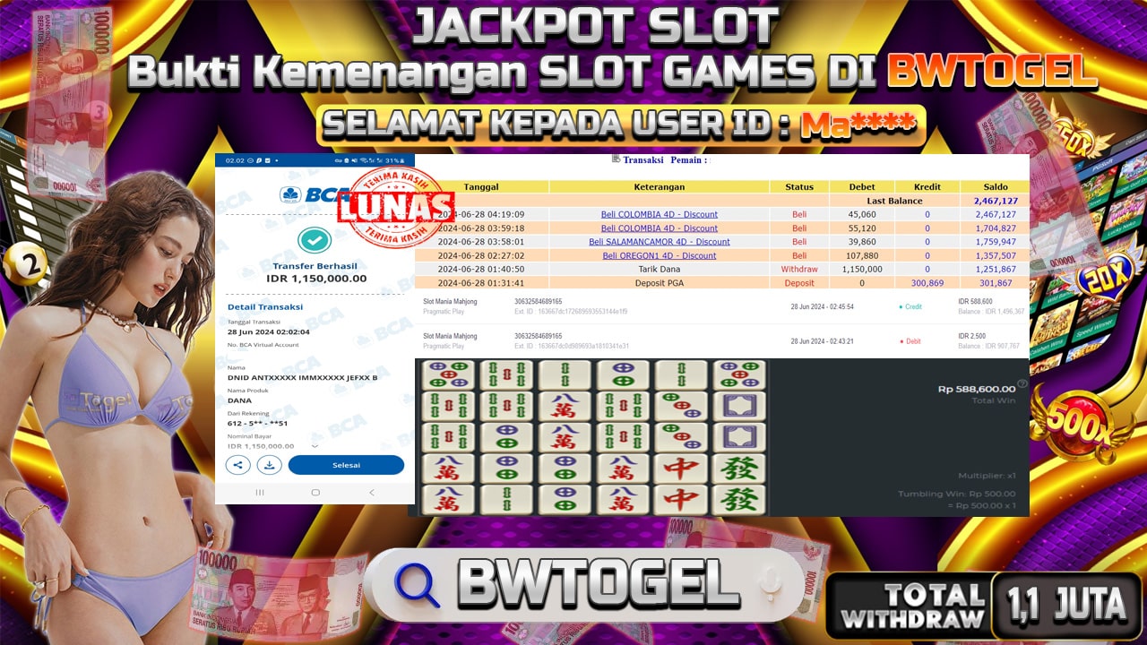 BUKTI JACKPOT SLOT MANIA MAHJONG TERPERCAYA DI INDONESIA TGL 28-06-2024