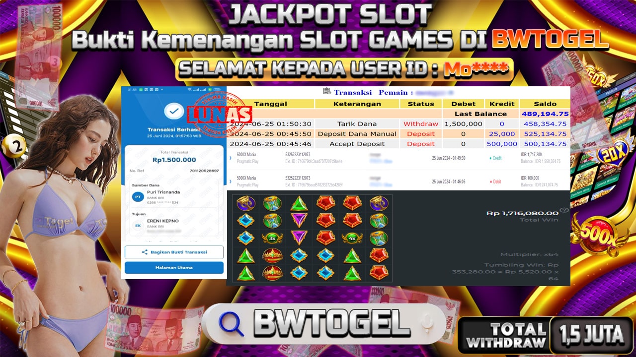 BUKTI JACKPOT SLOT 5000X MANIA TERPERCAYA DI INDONESIA TGL 25-06-2024