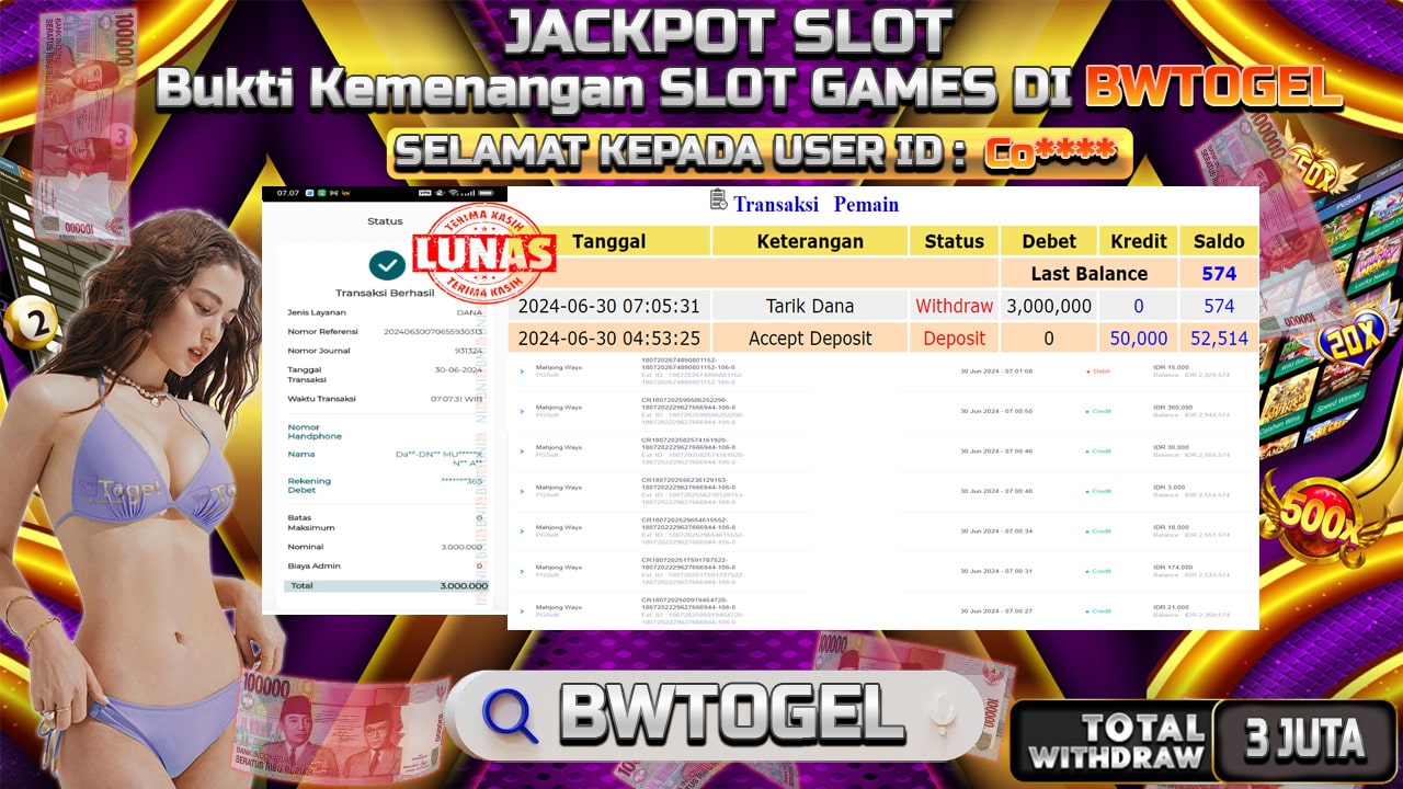 BUKTI JACKPOT SLOT MAJONG WAYS TERPERCAYA DI INDONESIA TGL 30-06-2024