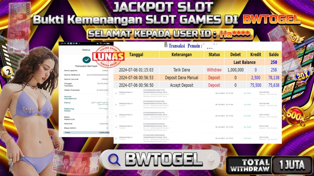 BUKTI JACKPOT SLOT MAHJONG WAYS 2 TERPERCAYA DI INDONESIA TGL 06-07-2024