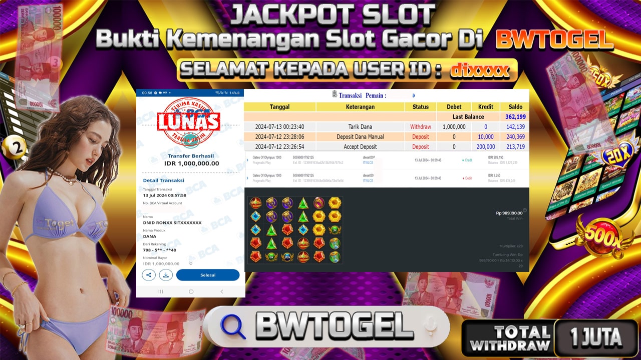 BUKTI JACKPOT SLOT GATES OF OLYMPUS 1000 TERPERCAYA DI INDONESIA TGL 13-07-2024