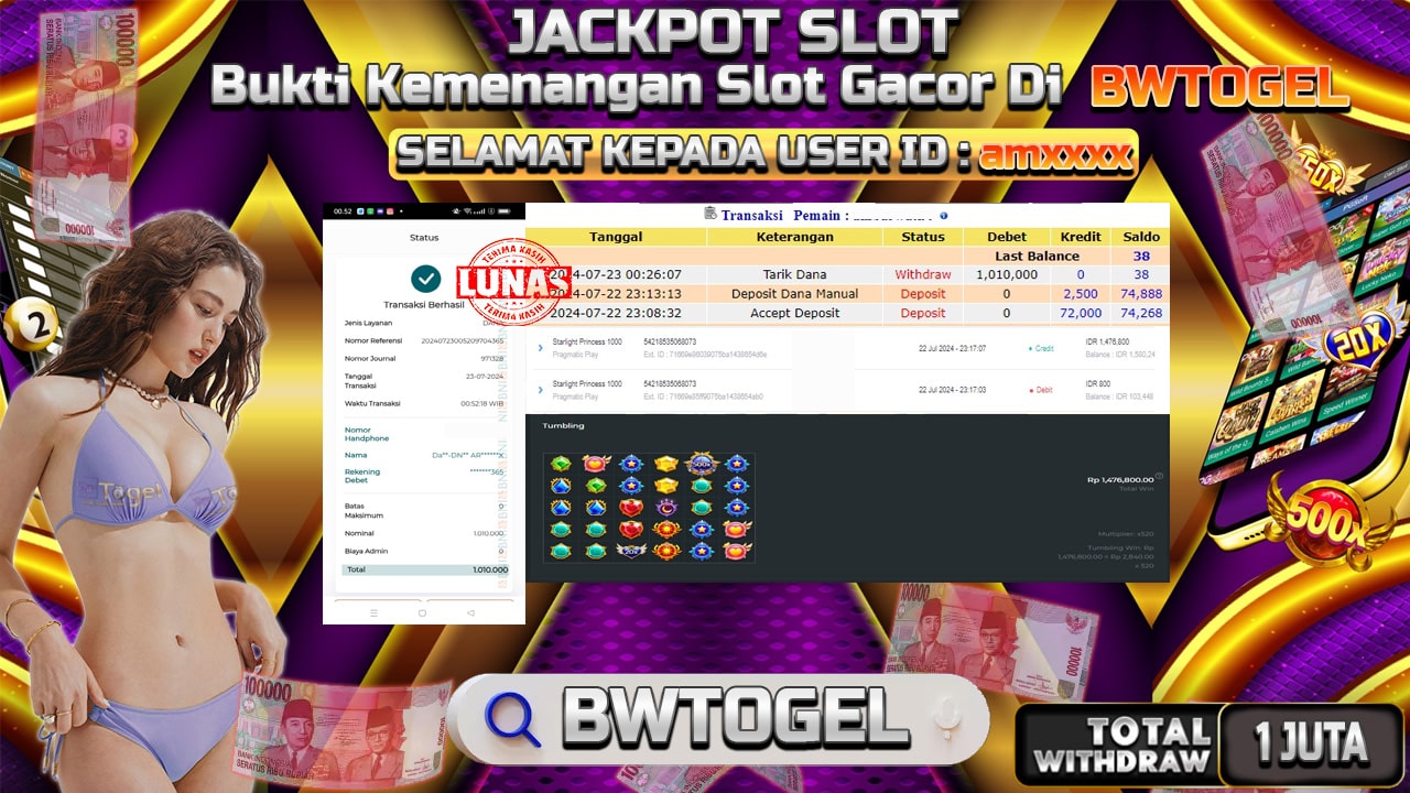 BUKTI JACKPOT SLOT STARLIGHT PRINCESS 1000 TERPERCAYA DI INDONESIA TGL 23-07-2024