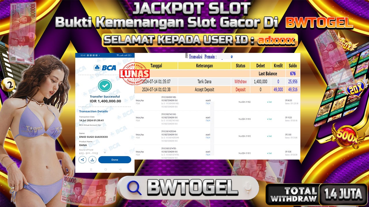 BUKTI JACKPOT SLOT MAHJONG WAYS TERPERCAYA DI INDONESIA TGL 14-07-2024