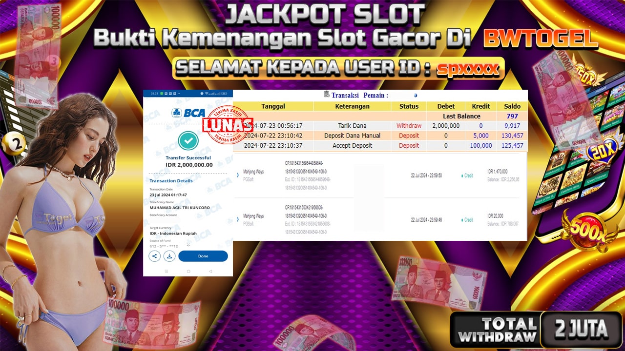 BUKTI JACKPOT SLOT MAHJONG WAYS TERPERCAYA DI INDONESIA TGL 23-07-2024