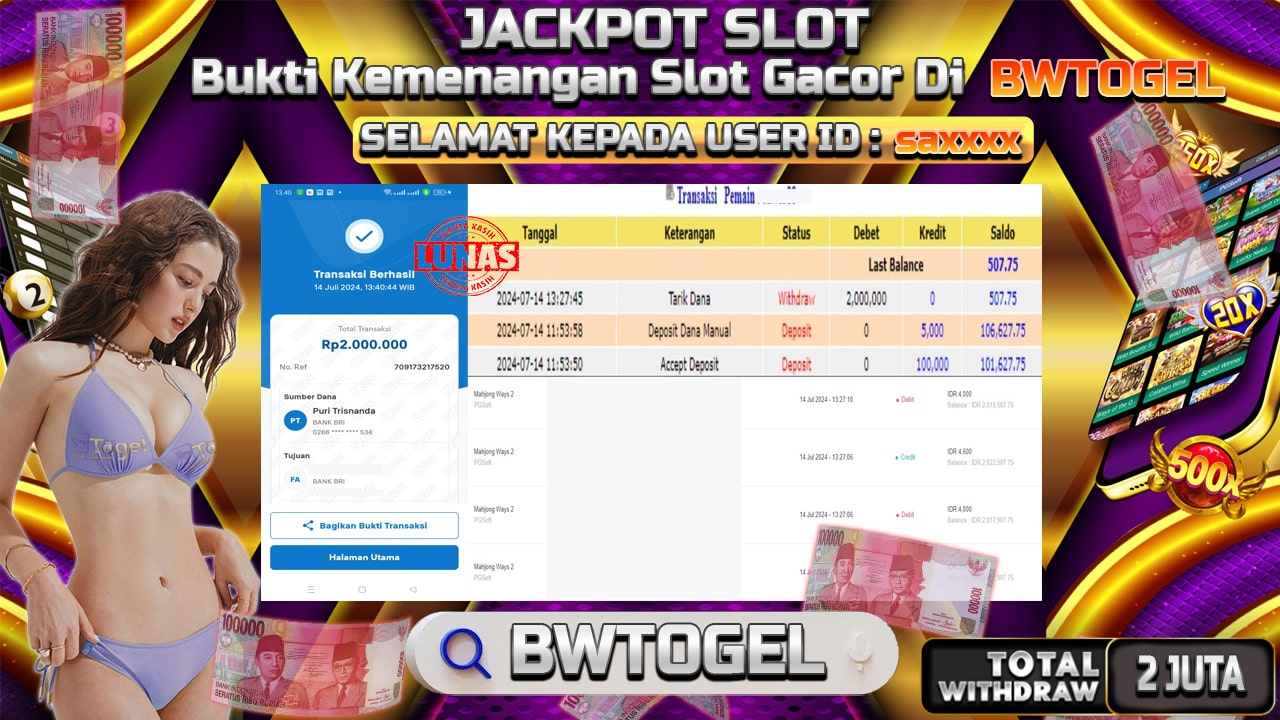 BUKTI JACKPOT SLOT MAHJONG WAYS 2 TERPERCAYA DI INDONESIA TGL 14-07-2024