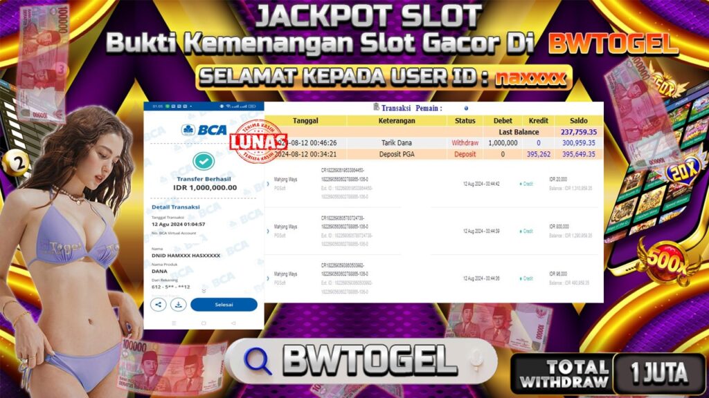 BUKTI JACKPOT SLOT MAHJONG WAYS TERPERCAYA DI INDONESIA TGL 12-08-2024