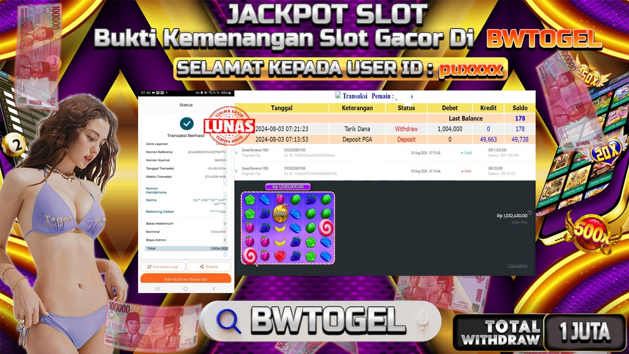 BUKTI JACKPOT SLOT SWEET BONANZA 1000 TERPERCAYA DI INDONESIA TGL 03-08-2024