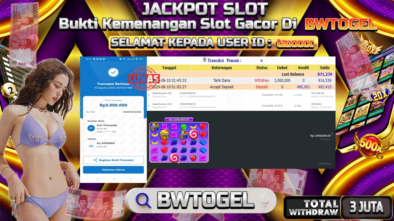 BUKTI JACKPOT SLOT SWEET BONANZA 1000 TERPERCAYA DI INDONESIA TGL 10-08-2024