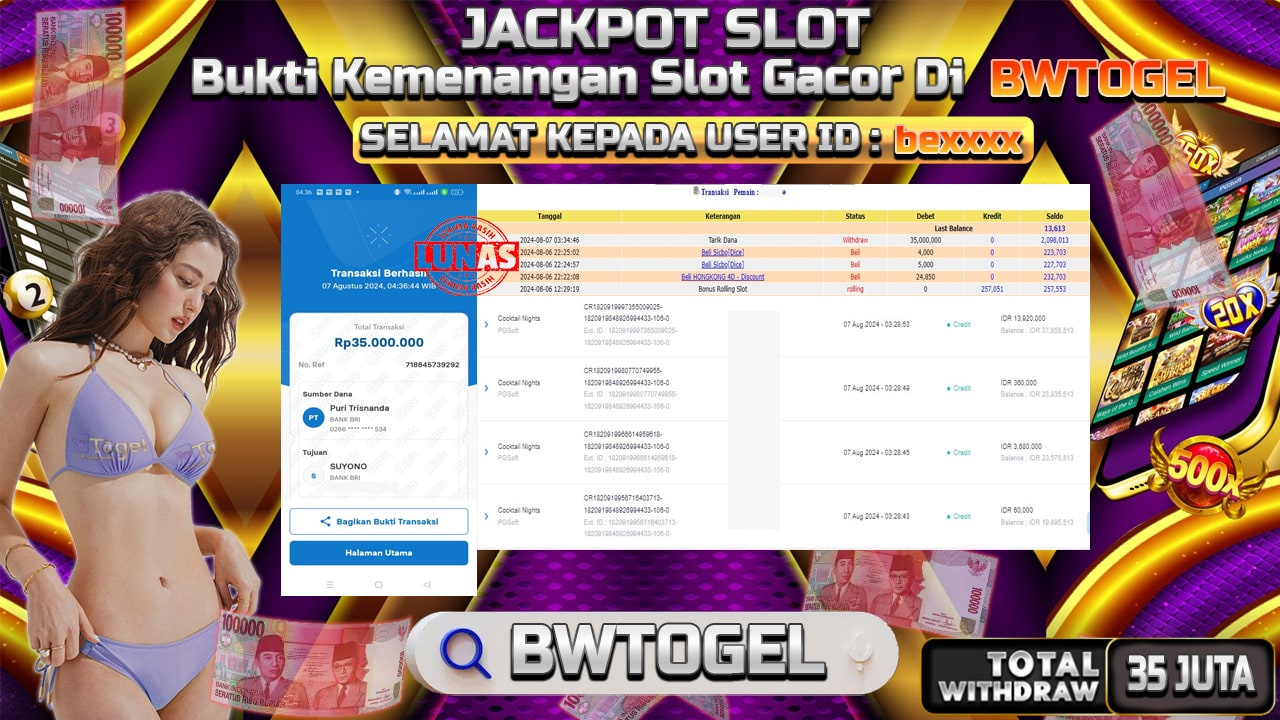 BUKTI JACKPOT SLOT COCKTAIL NIGHTS TERPERCAYA DI INDONESIA TGL 07-08-2024