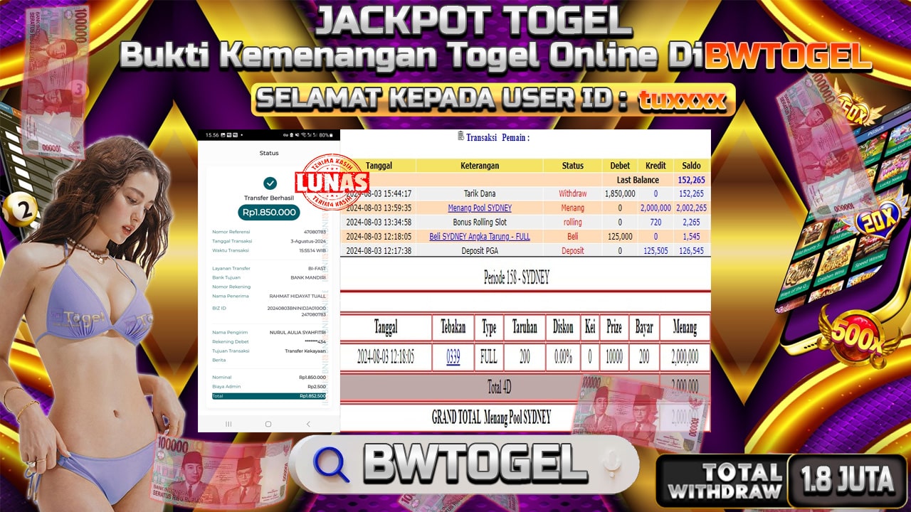 BUKTI JACKPOT TOGEL ONLINE POOL SYDNEY TERPERCAYA DI INDONESIA TGL 03-08-2024