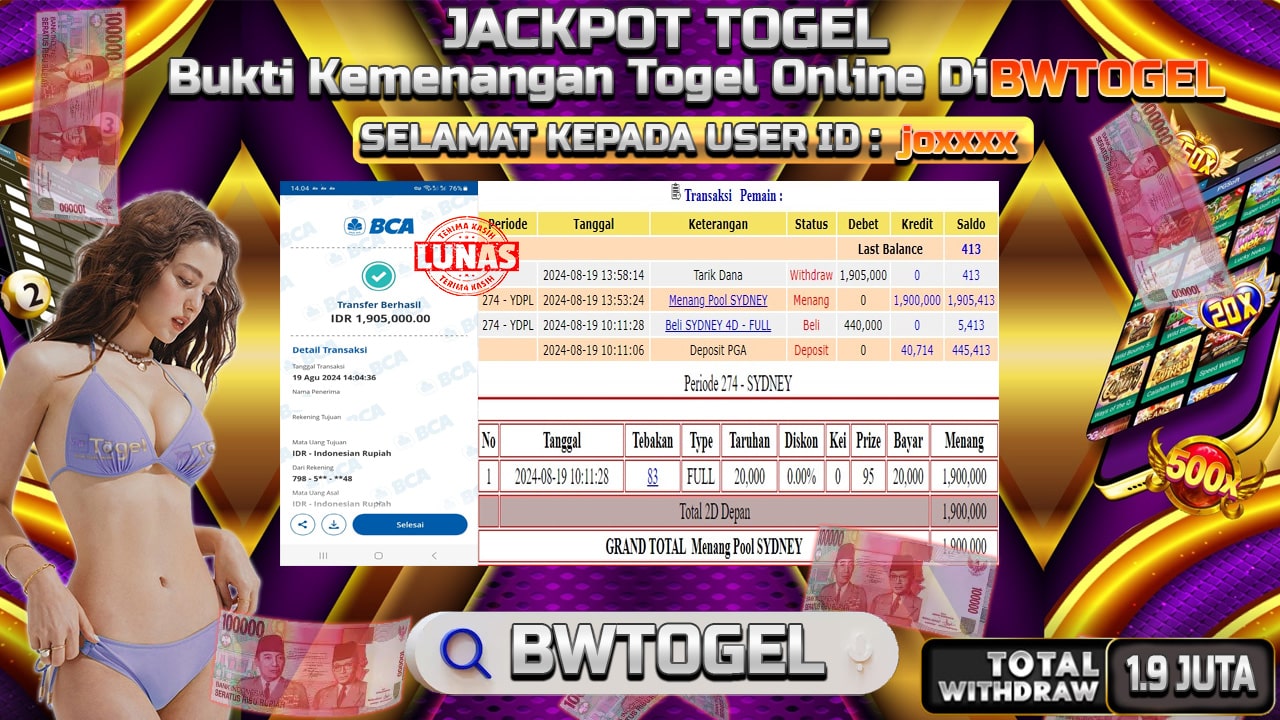 BUKTI JACKPOT TOGEL ONLINE POOL SYDNEY TERPERCAYA DI INDONESIA TGL 19-08-2024