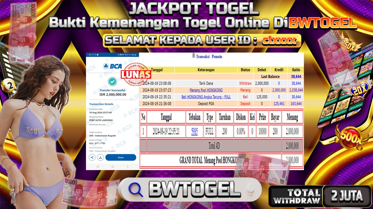 BUKTI JACKPOT TOGEL ONLINE POOL HONGKONG TERPERCAYA DI INDONESIA TGL 19-08-2024