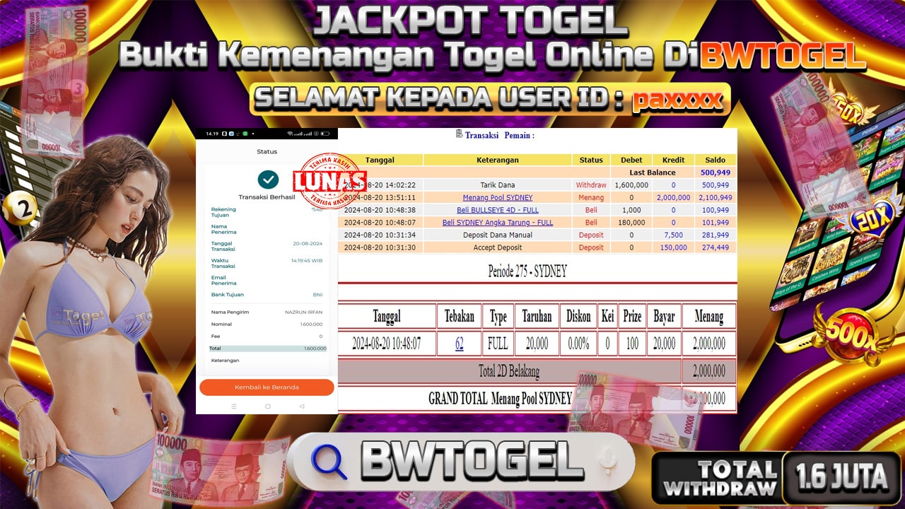 BUKTI JACKPOT TOGEL ONLINE POOL SYDNEY TERPERCAYA DI INDONESIA TGL 20-08-2024