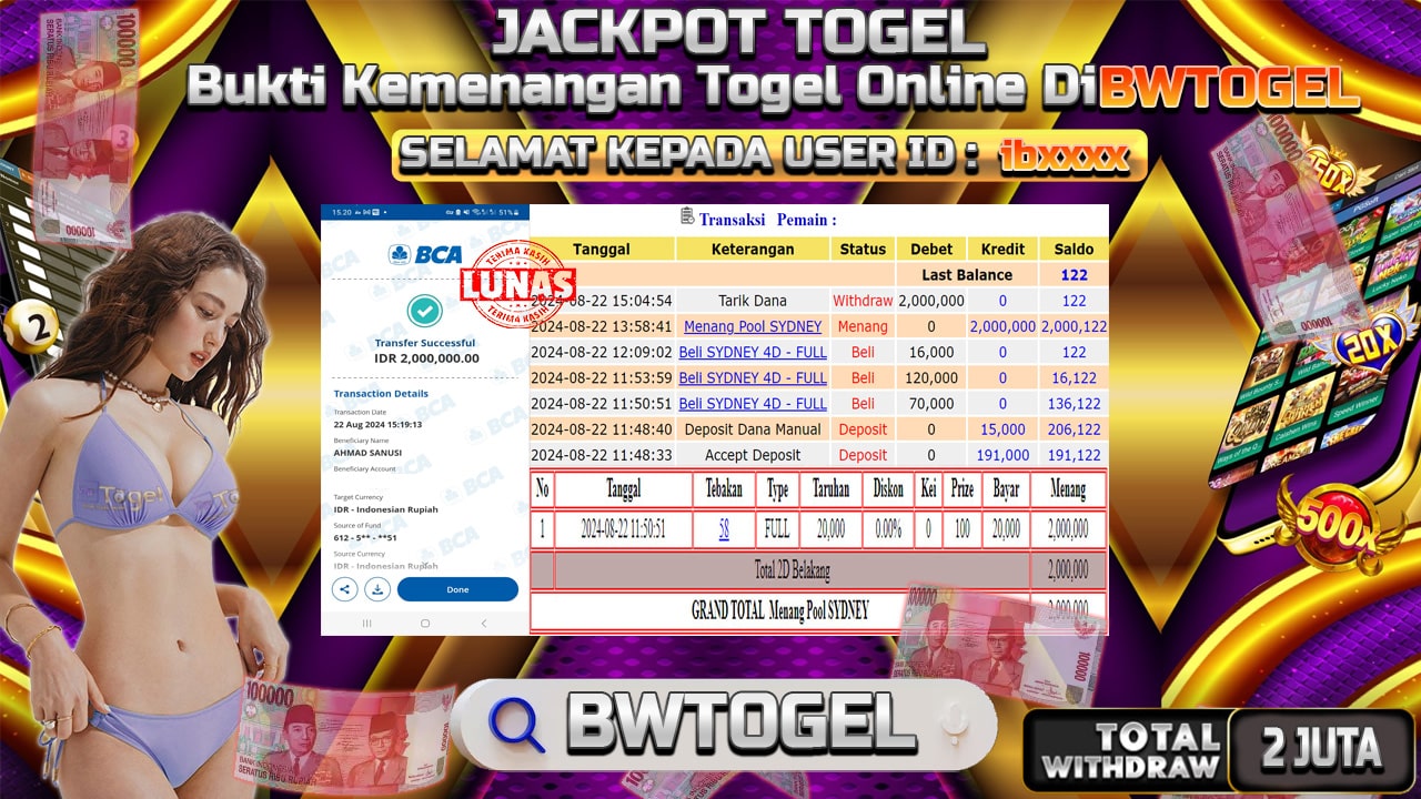 BUKTI JACKPOT TOGEL ONLINE POOL SYDNEY TERPERCAYA DI INDONESIA TGL 22-08-2024