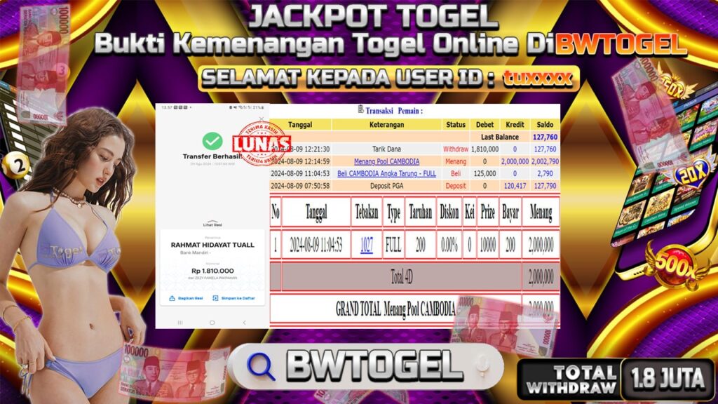 BUKTI JACKPOT TOGEL ONLINE POOL CAMBODIA TERPERCAYA DI INDONESIA TGL 09-08-2024