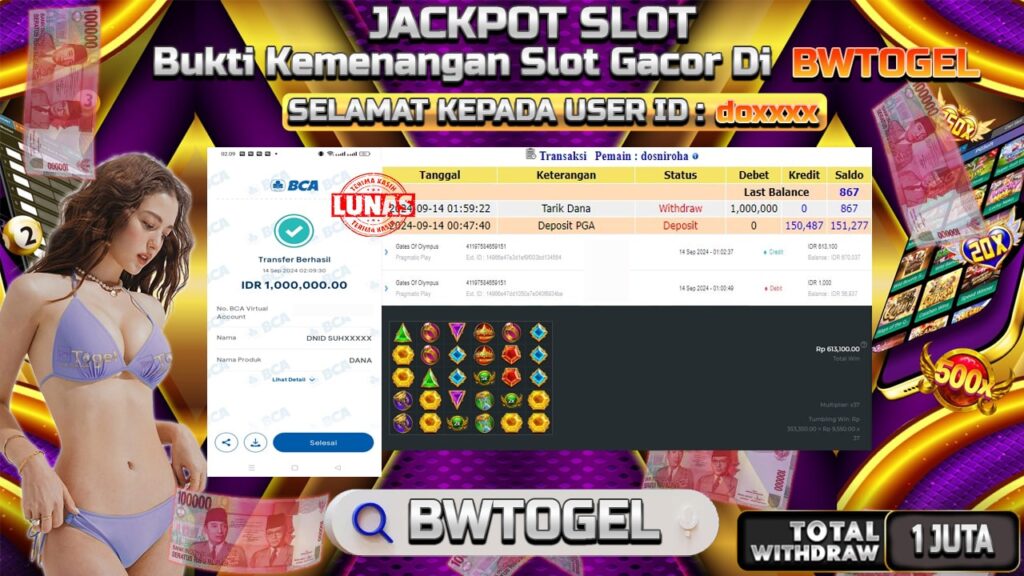 BUKTI JACKPOT SLOT GATES OF OLYMPUS TERPERCAYA DI INDONESIA TGL 14-09-2024