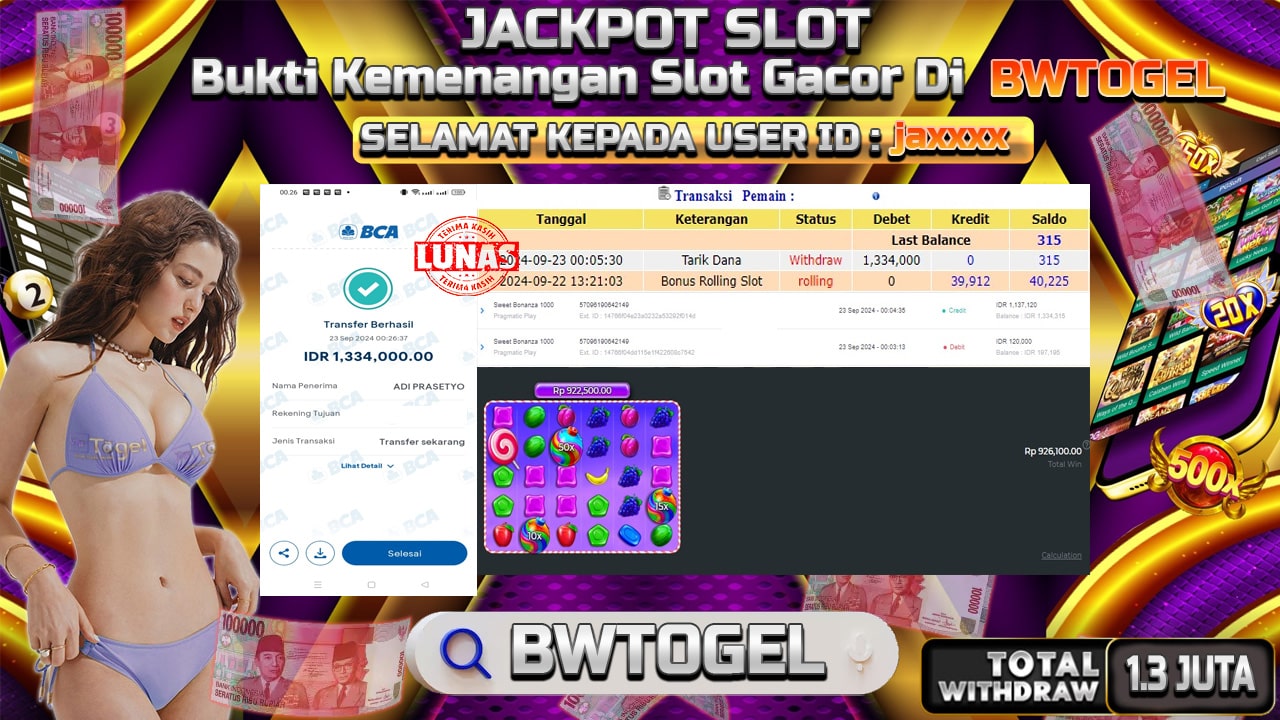 BUKTI JACKPOT SLOT SWEET BONANZA 1000 TERPERCAYA DI INDONESIA TGL 23-09-2024