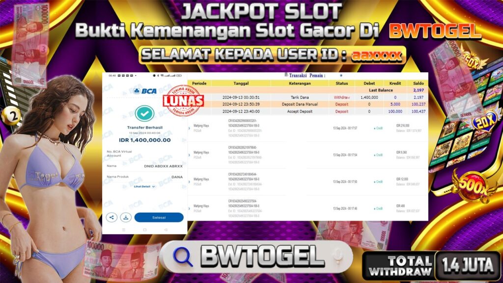 BUKTI JACKPOT SLOT MAHJONG WAYS TERPERCAYA DI INDONESIA TGL 13-09-2024