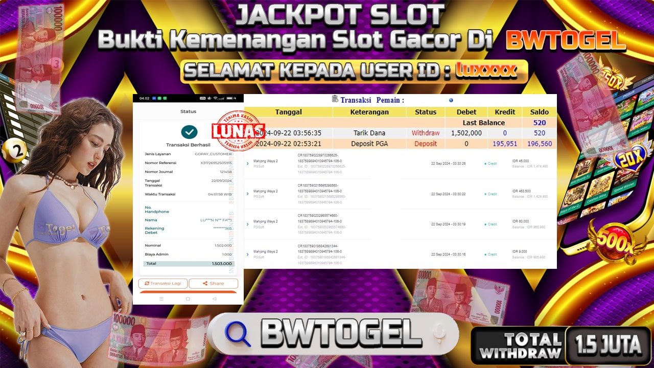 BUKTI JACKPOT SLOT MAHJONG WAYS 2 TERPERCAYA DI INDONESIA TGL 22-09-2024