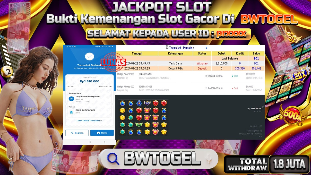 BUKTI JACKPOT SLOT STARLIGHT PRINCESS 1000 TERPERCAYA DI INDONESIA TGL 22-09-2024