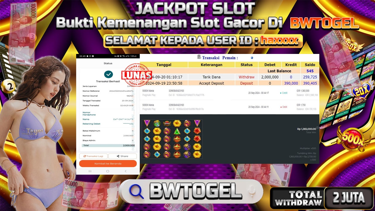 BUKTI JACKPOT SLOT 5000X MANIA TERPERCAYA DI INDONESIA TGL 20-09-2024