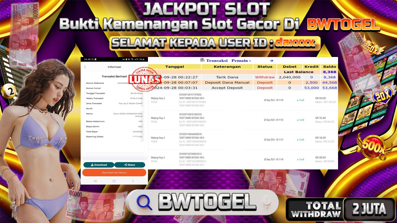 BUKTI JACKPOT SLOT MAHJONG WAYS 2 TERPERCAYA DI INDONESIA TGL 28-09-2024