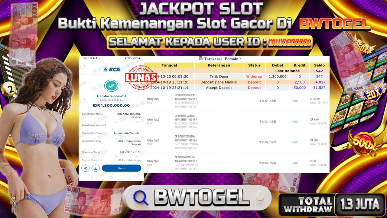 BUKTI JACKPOT SLOT MAHJONG WAYS 2 TERPERCAYA DI INDONESIA TGL 20-10-2024