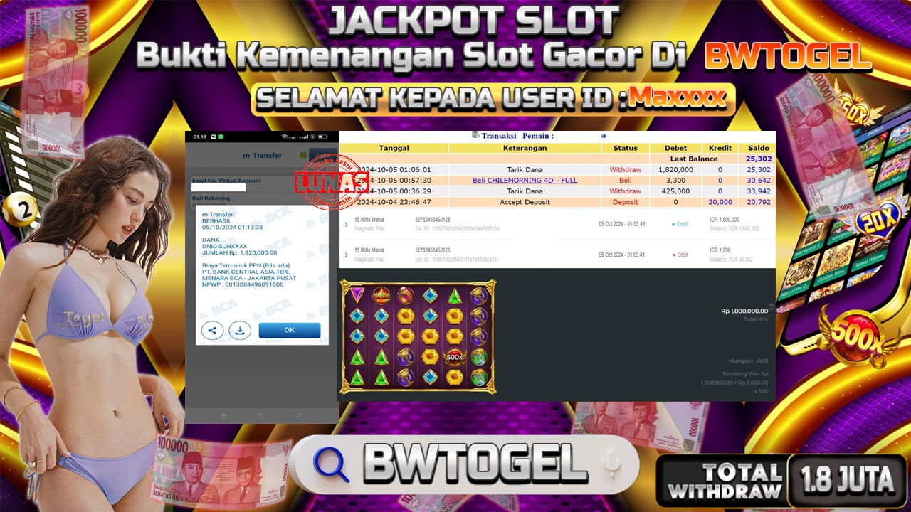 BUKTI JACKPOT SLOT 15.000X MANIA TERPERCAYA DI INDONESIA TGL 05-10-2024