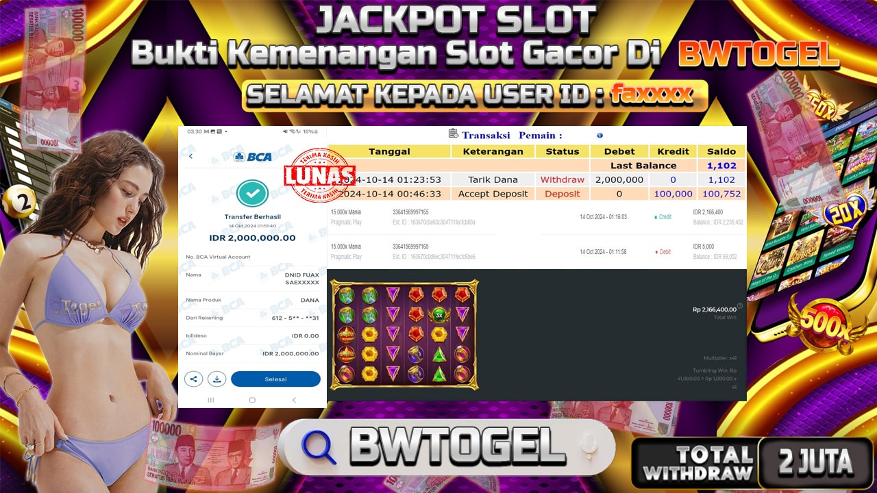 BUKTI JACKPOT SLOT 15.000X MANIA TERPERCAYA DI INDONESIA TGL 14-10-2024