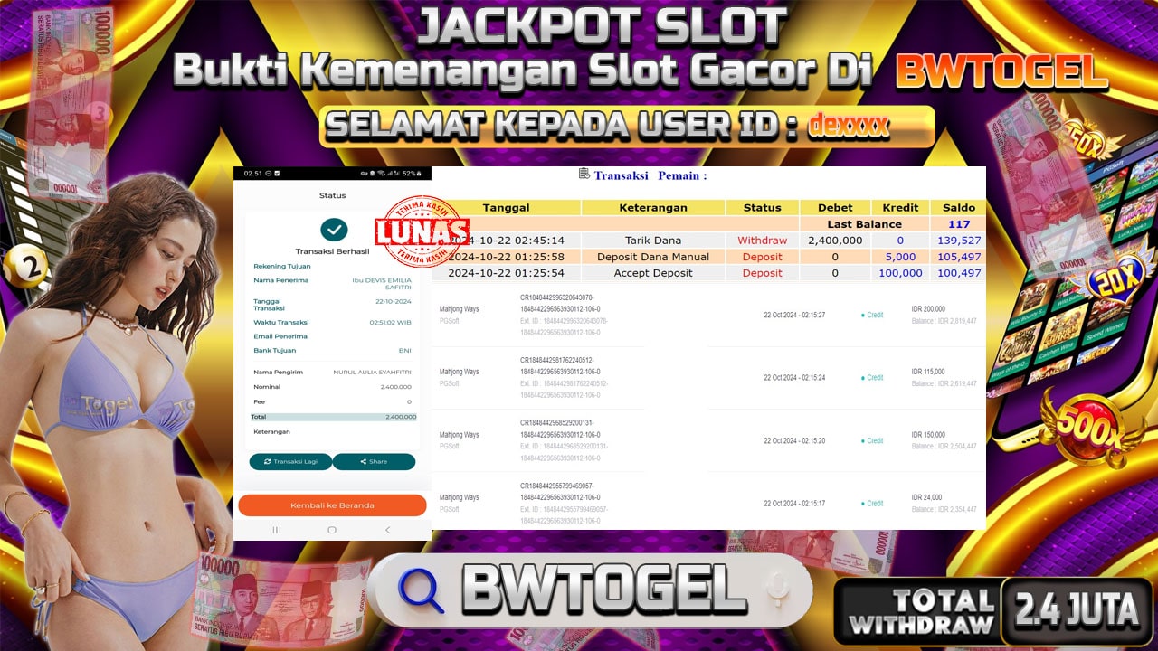 BUKTI JACKPOT SLOT MAHJONG WAYS TERPERCAYA DI INDONESIA TGL 22-10-2024